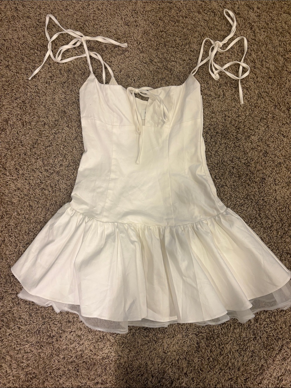 Peppermayo White Tie-Shoulder Ruffled Hem Dress
